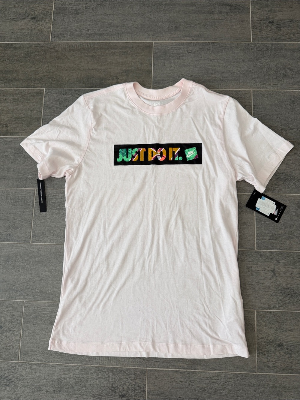 Nike Light Pink Tee with Multicolor 'JUST DO IT' Box Logo